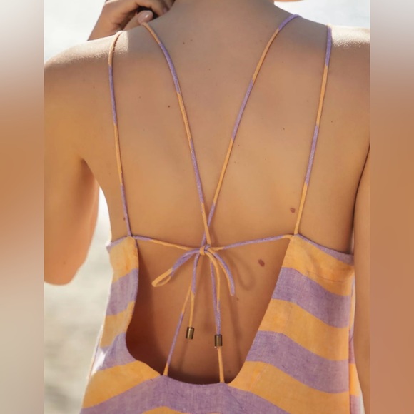 By Anthropologie Grommet Halter Stripe Linen Maxi Dress Lilac & Peach Size Large - Picture 5 of 14